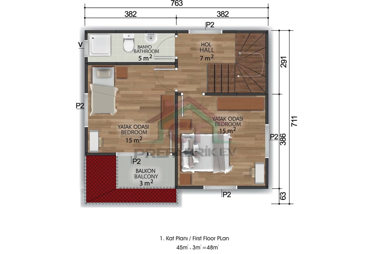 2+1 Çift Katlı Prefabrik Ev 100 m2 kat planı 2