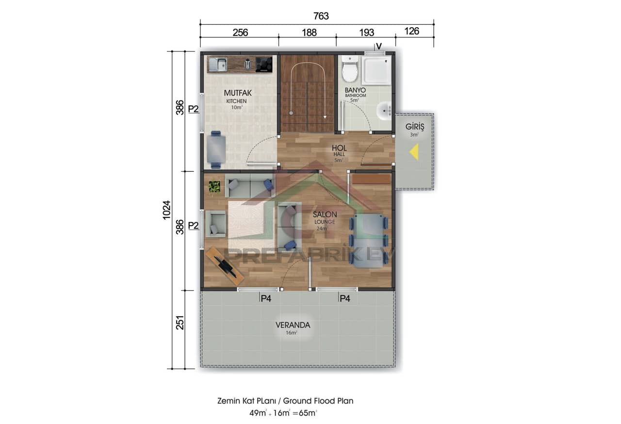 3+1 Çift Katlı Prefabrik Ev 122 m2 plan 2