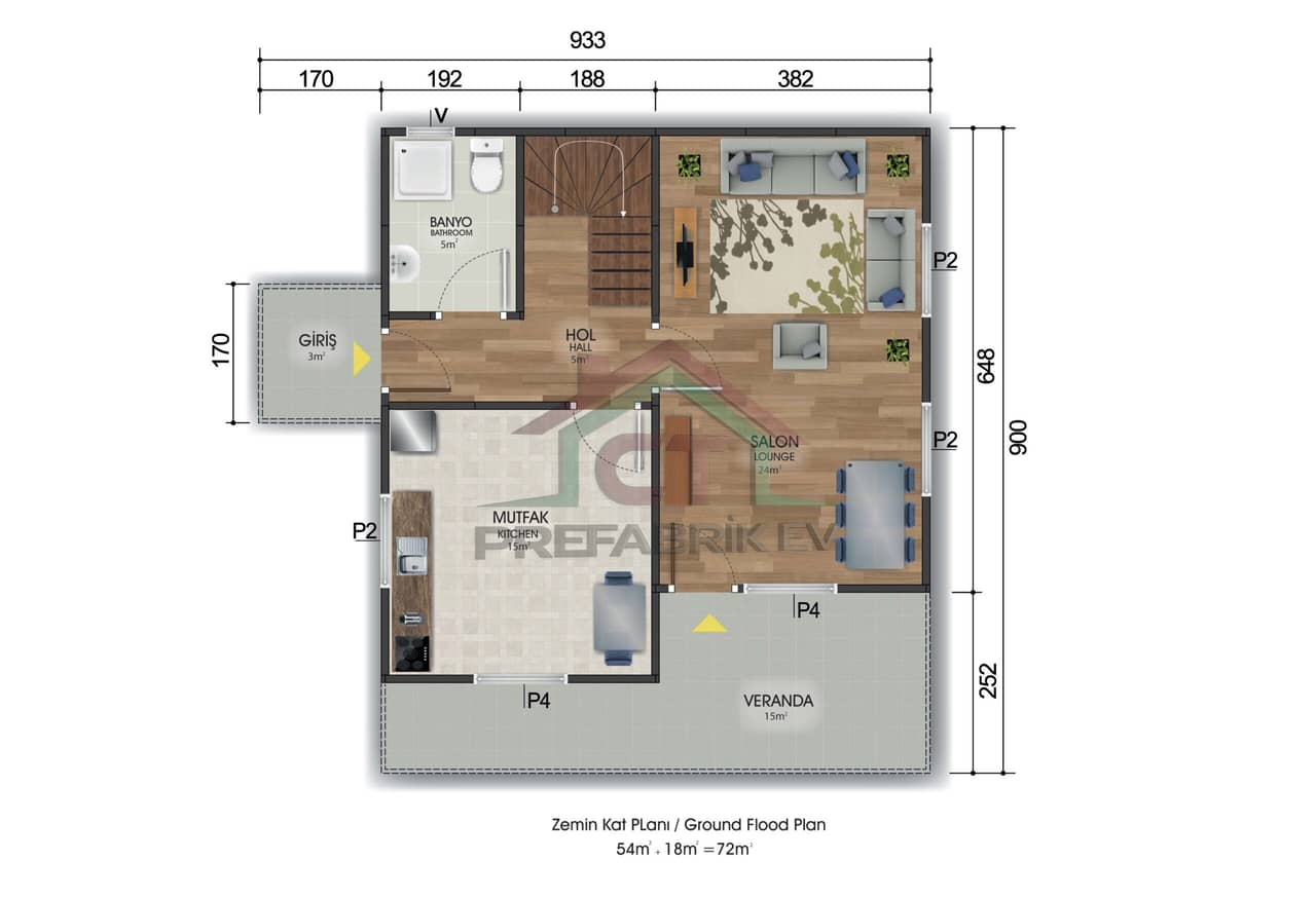 3+1 Çift Katlı Prefabrik Ev 131 m2 teknik 1