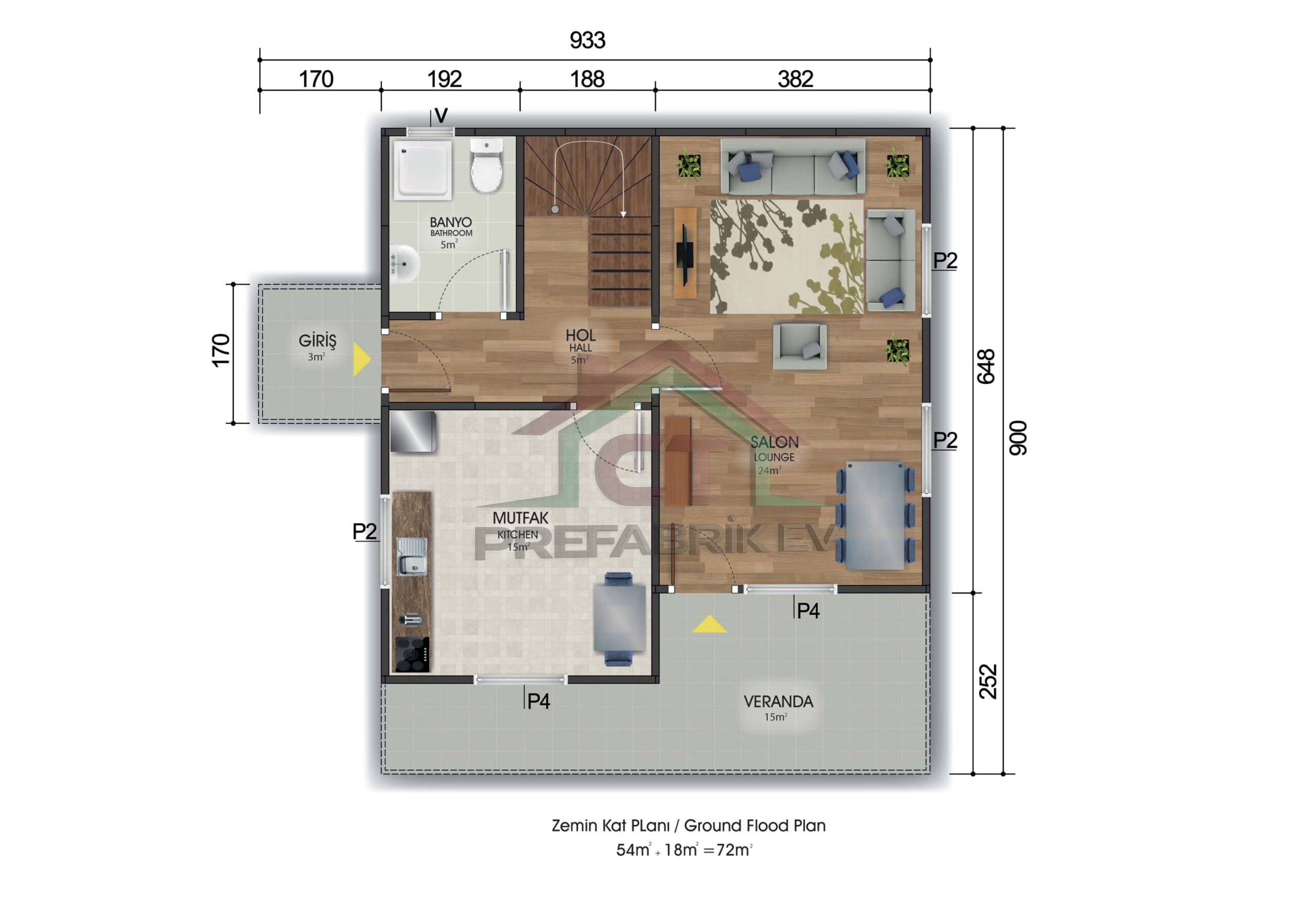 3+1 Çift Katlı Prefabrik Ev 131 m2 teknik 1