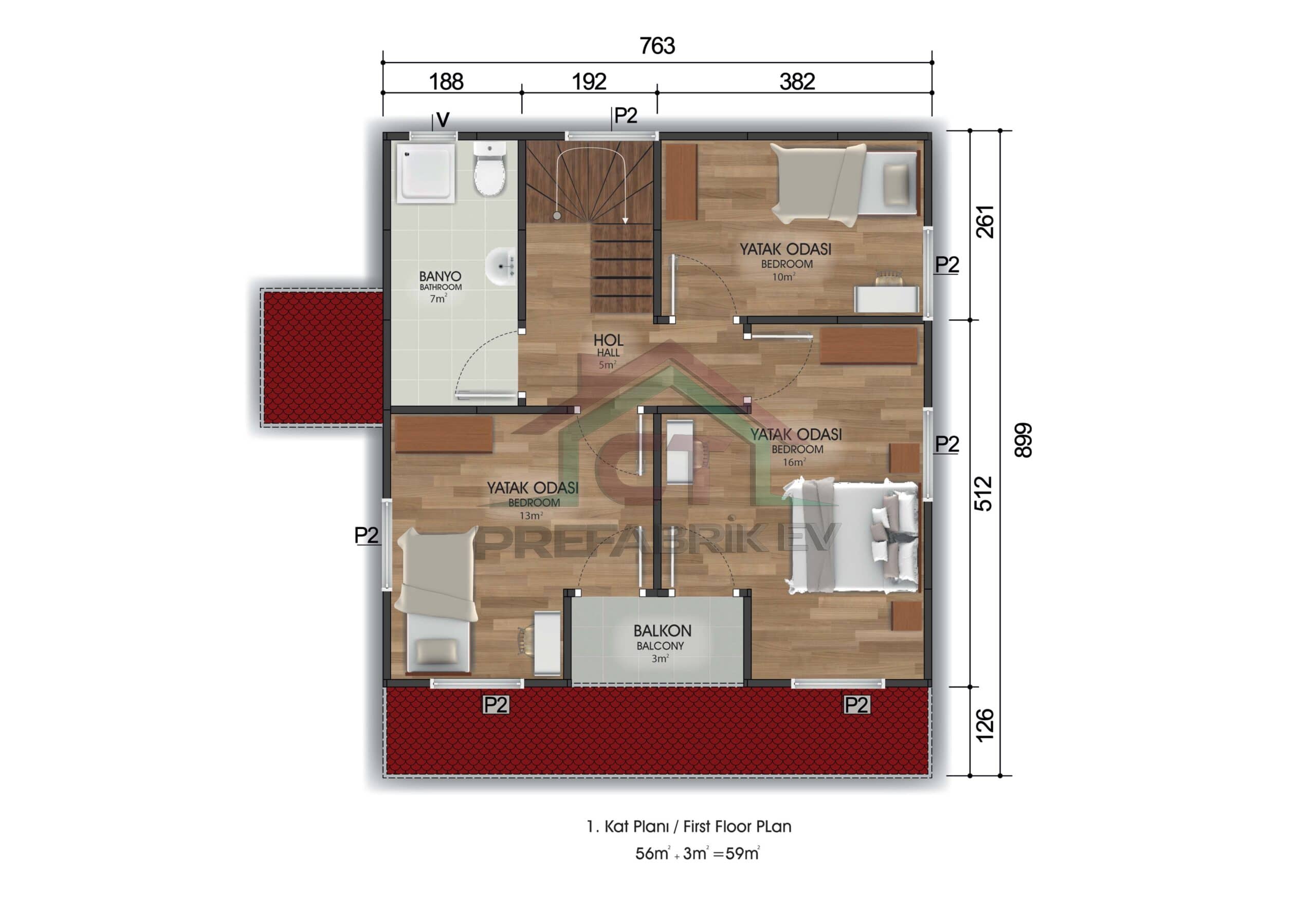 3+1 Çift Katlı Prefabrik Ev 131 m2 teknik 2