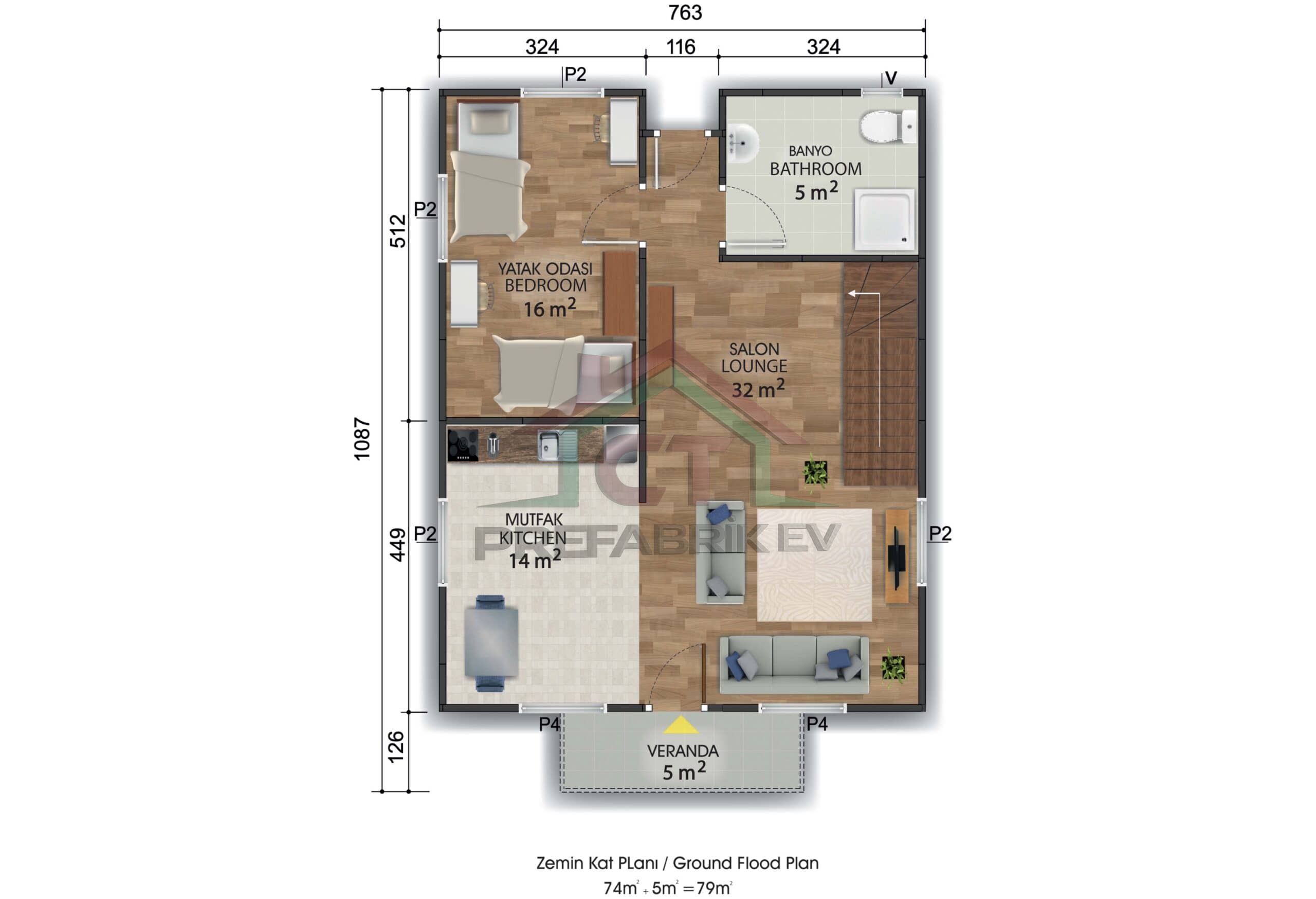 3+1 Çift Katlı Prefabrik Ev 134 m2 alt kat
