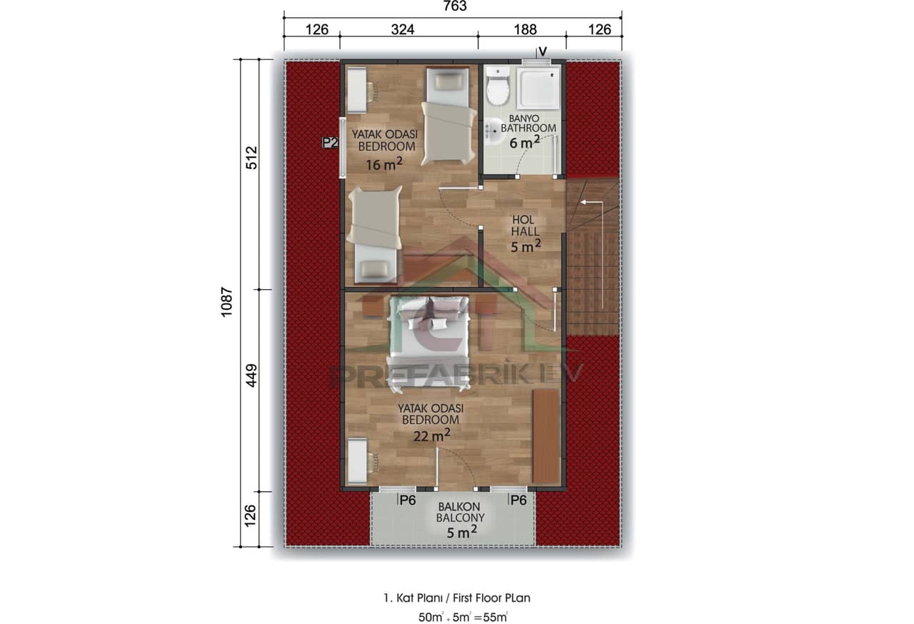 3+1 Çift Katlı Prefabrik Ev 134 m2 üst kat
