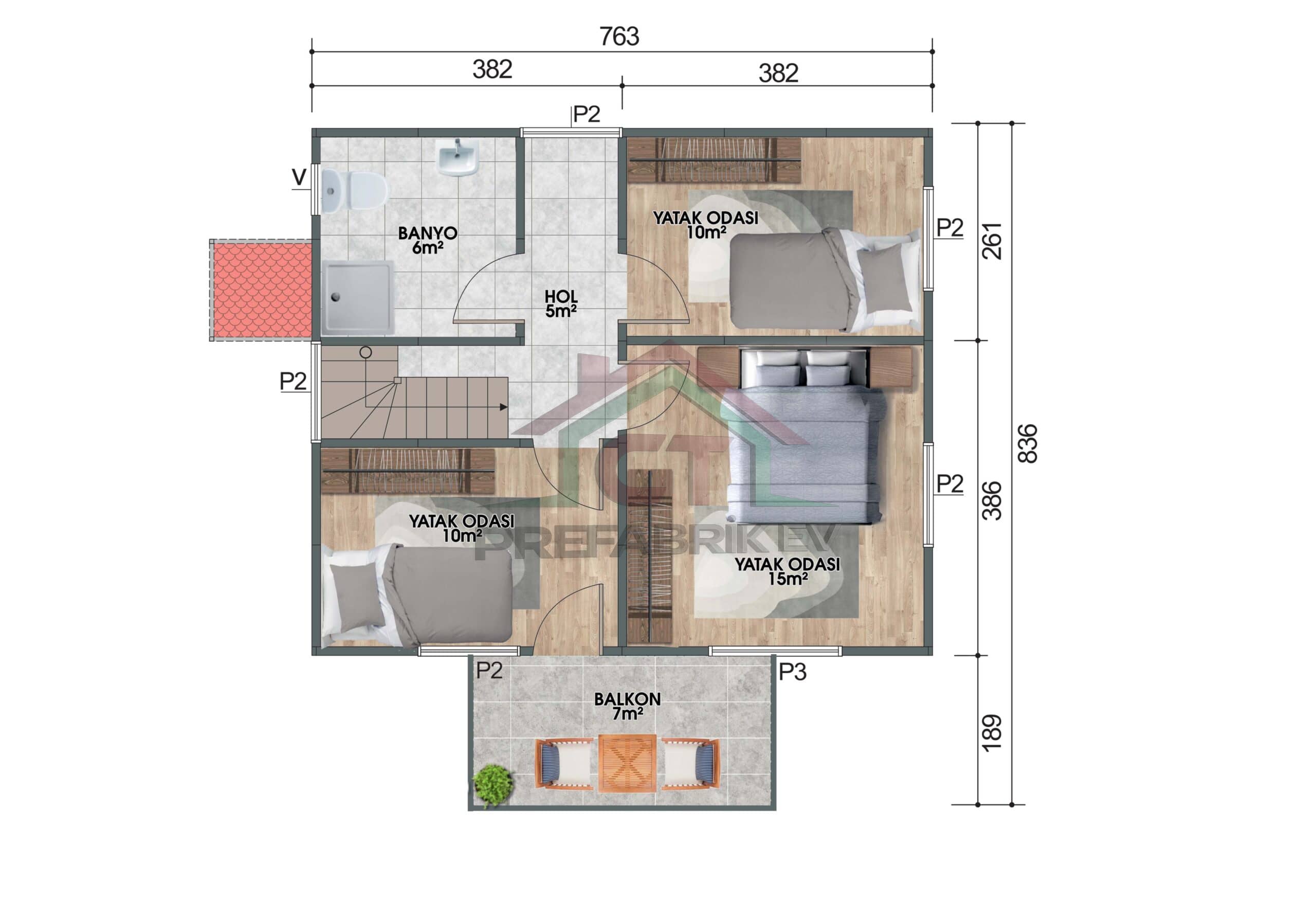 3+1 Çift Katlı Prefabrik Ev 114 m2 alt kat