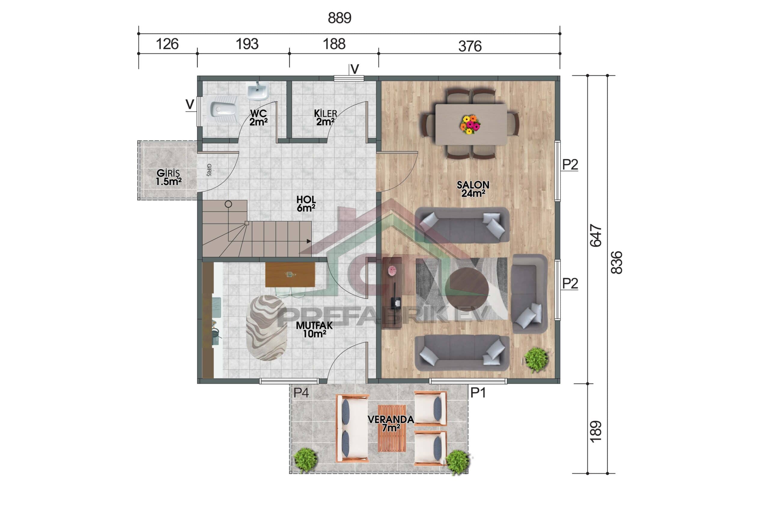 3+1 Çift Katlı Prefabrik Ev 114 m2 üst kat