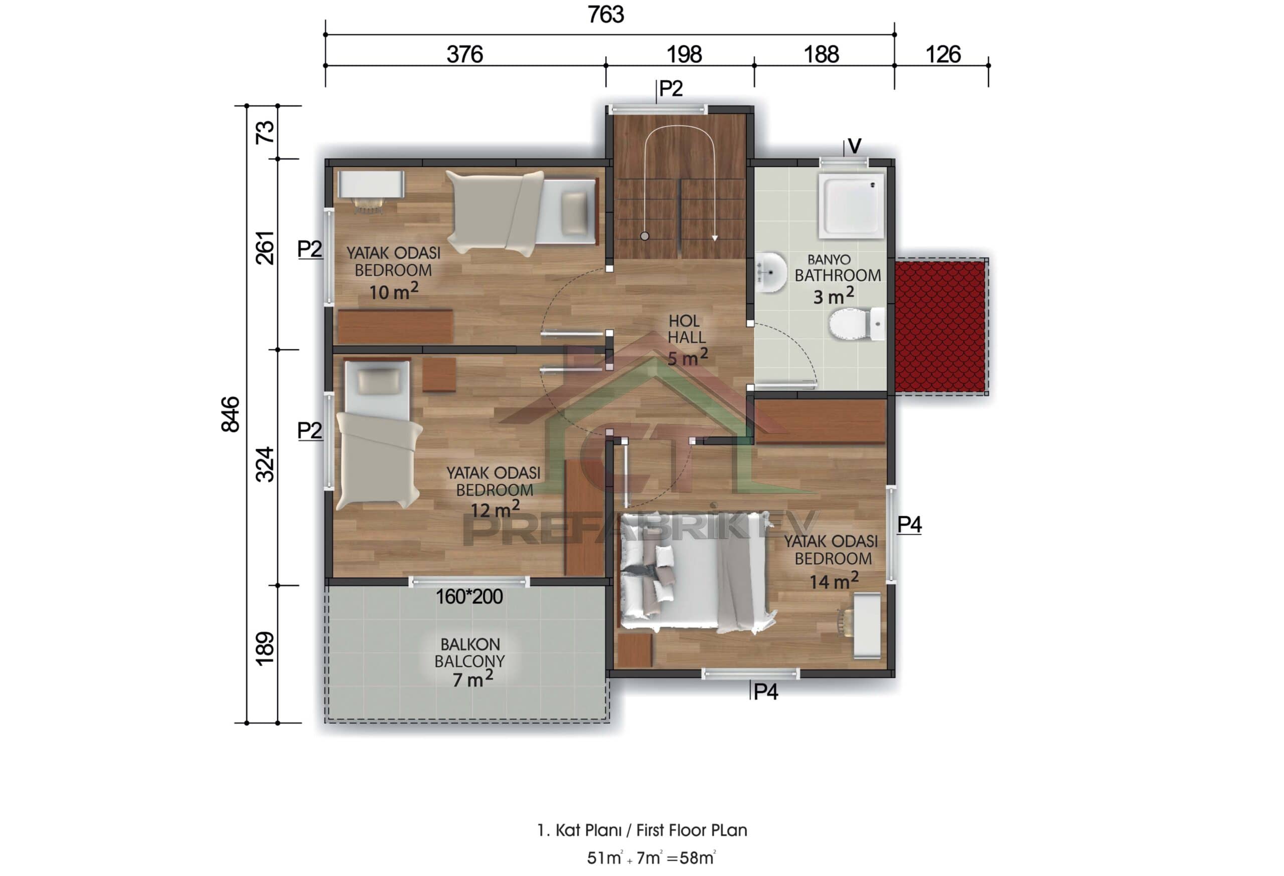 3+1 Çift Katlı Prefabrik Ev 118 m2 mimari 1