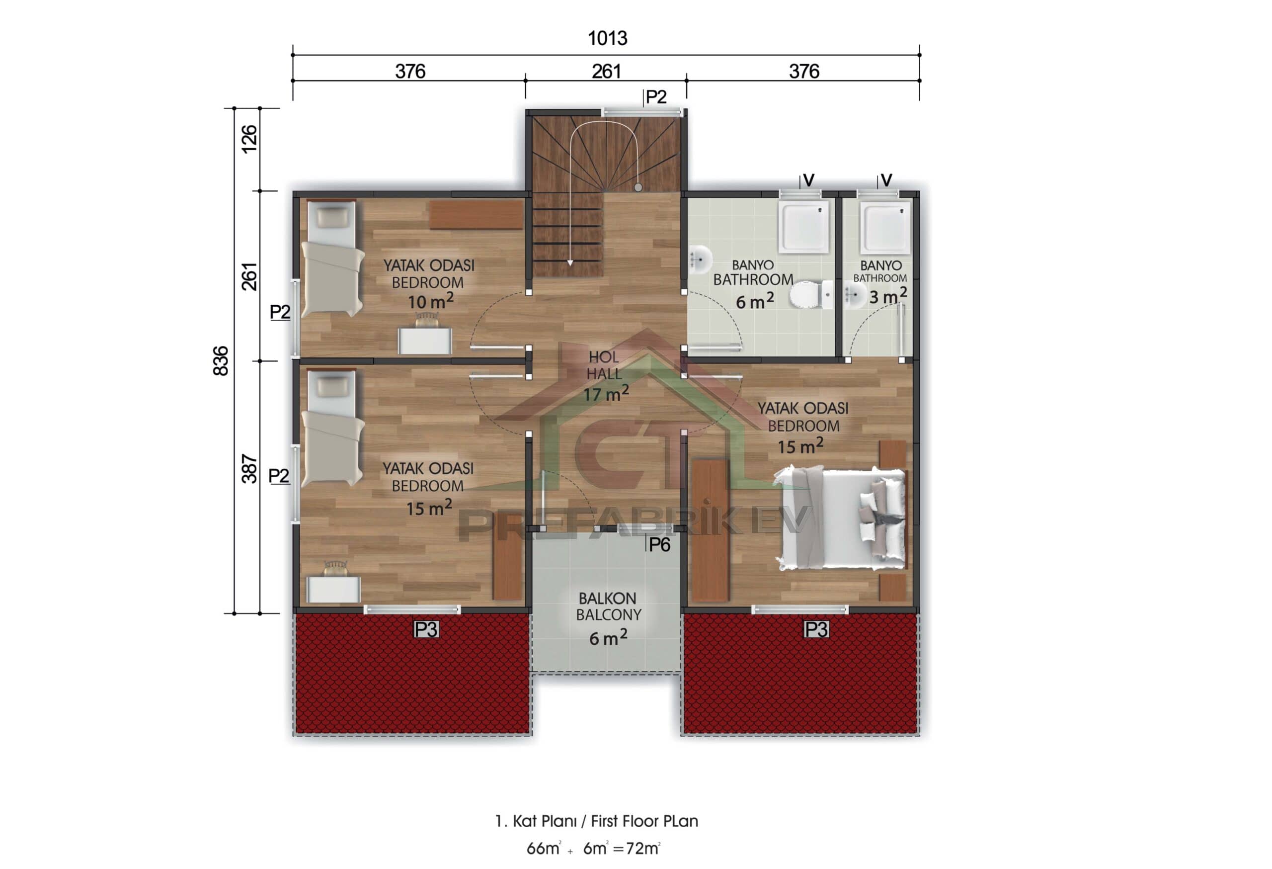 3+1 Çift Katlı Prefabrik Ev 158 m2 plan 1