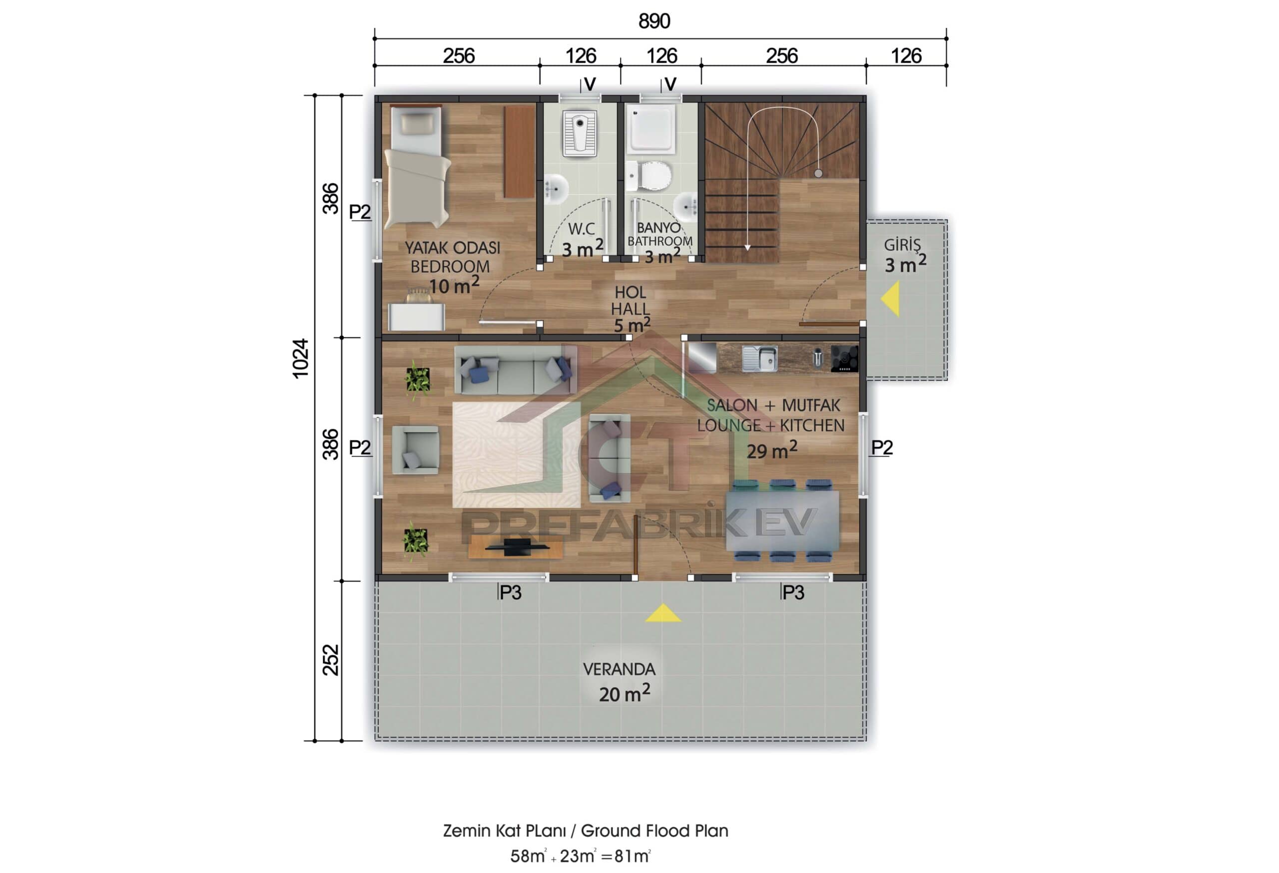 4+1 Çift Katlı Prefabrik Ev 149 m2 alt plan