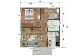 2+1 Tek Katlı Prefabrik Ev 45 m2 iç mekan planı