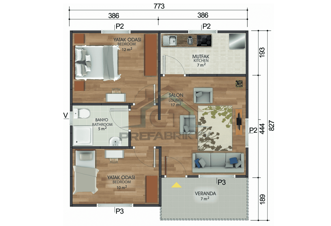 2+1 Tek Katlı Prefabrik Ev 53 m2 plan şeması