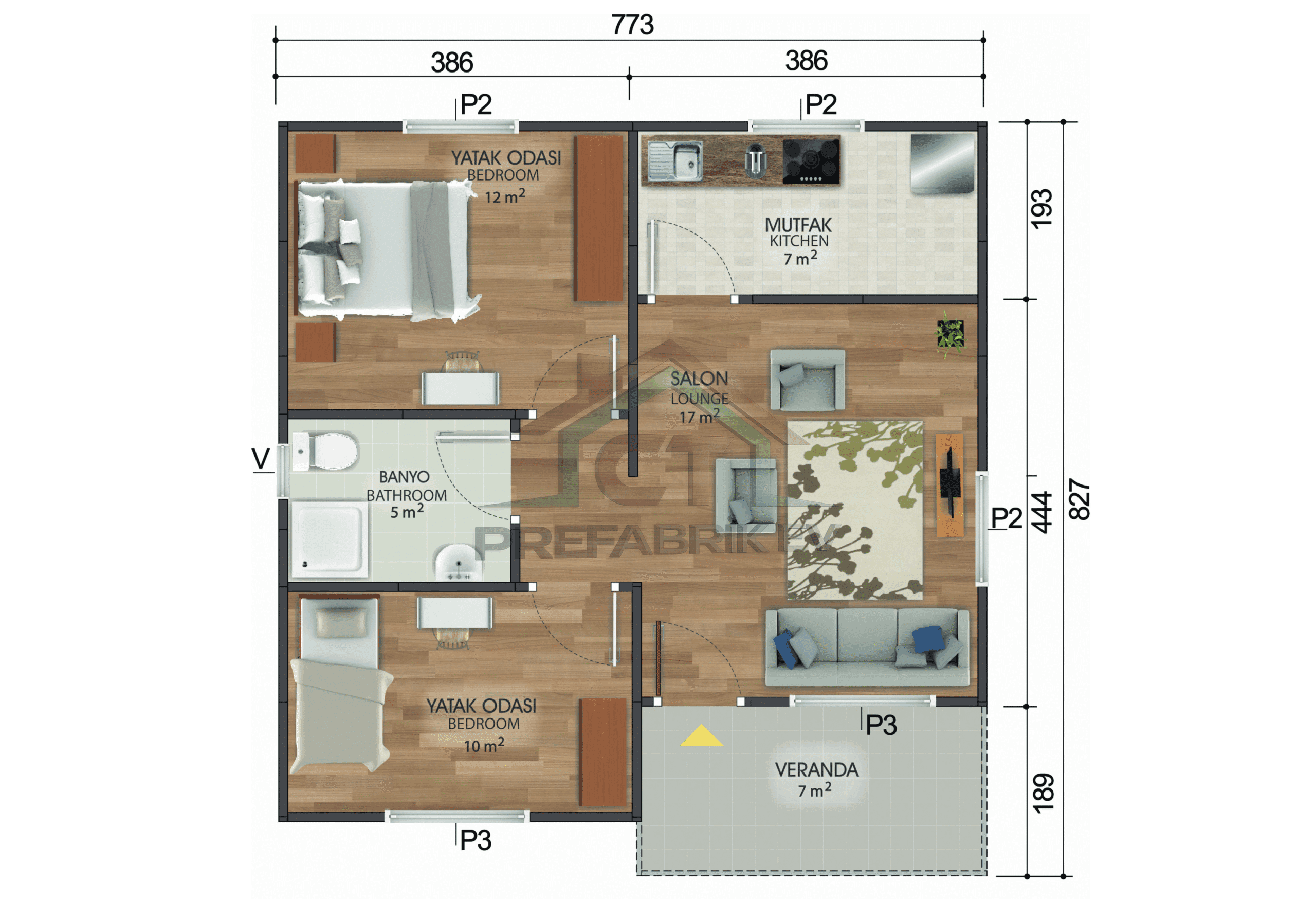 2+1 Tek Katlı Prefabrik Ev 53 m2 plan şeması