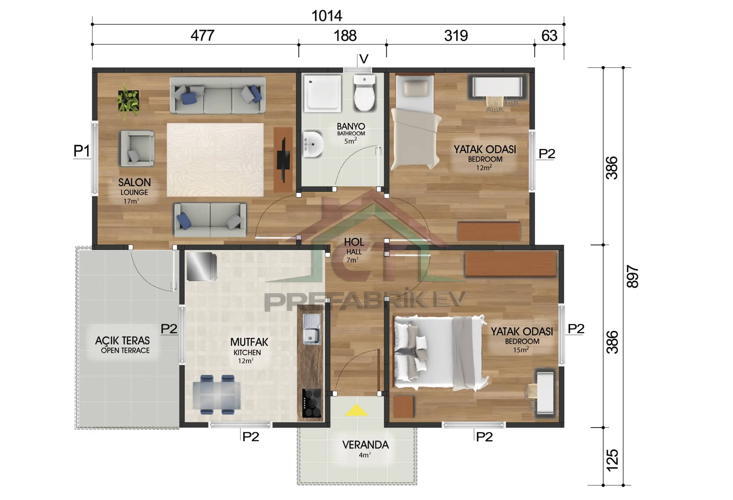 2+1 Tek Katlı Prefabrik Ev 72 m2 yerleşim düzeni