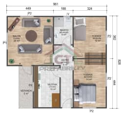 2+1 Tek Katlı Prefabrik Ev 77 m2 plan