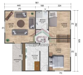 2+1 Tek Katlı Prefabrik Ev 77 m2 plan