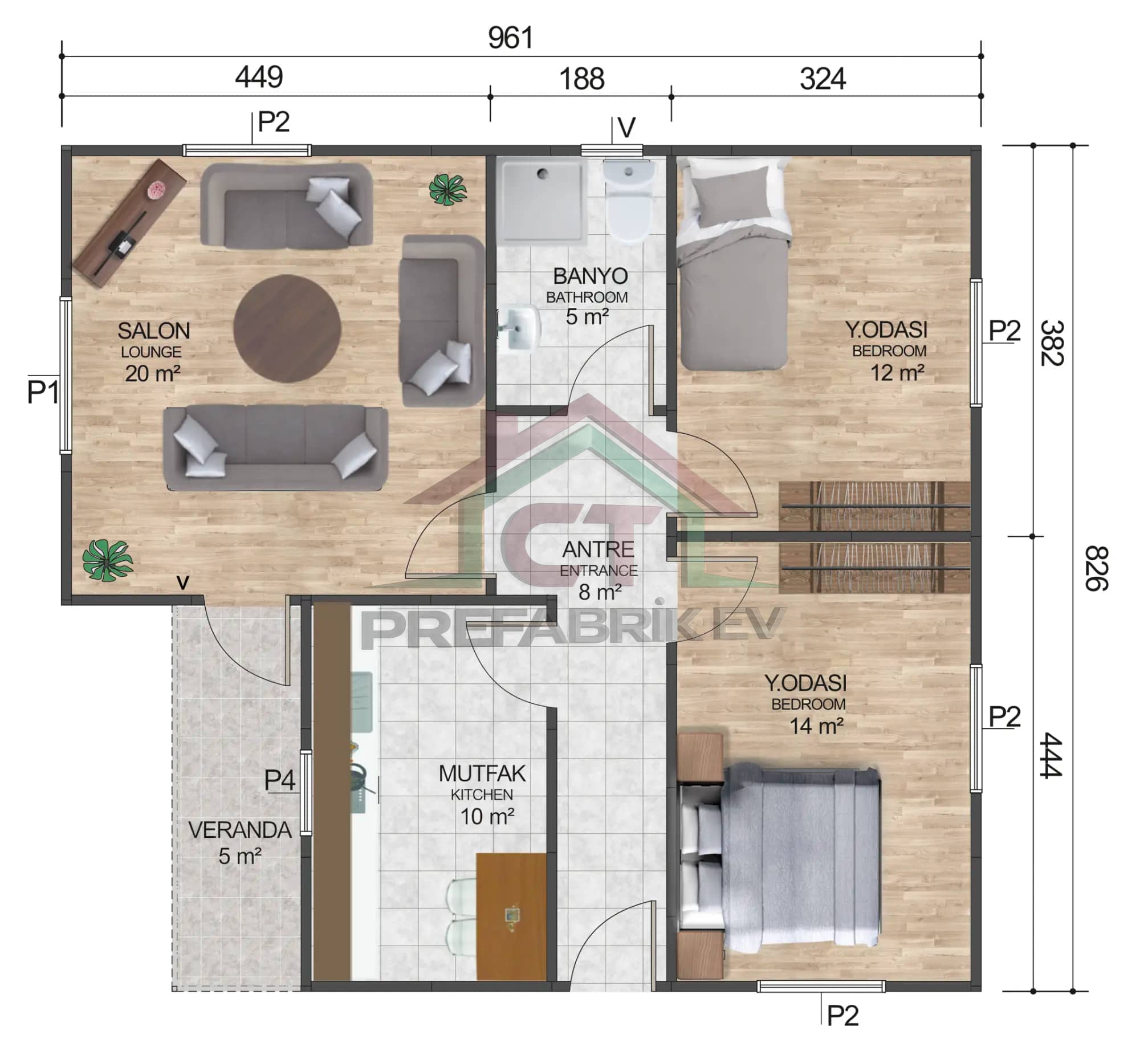 2+1 Tek Katlı Prefabrik Ev 77 m2 plan