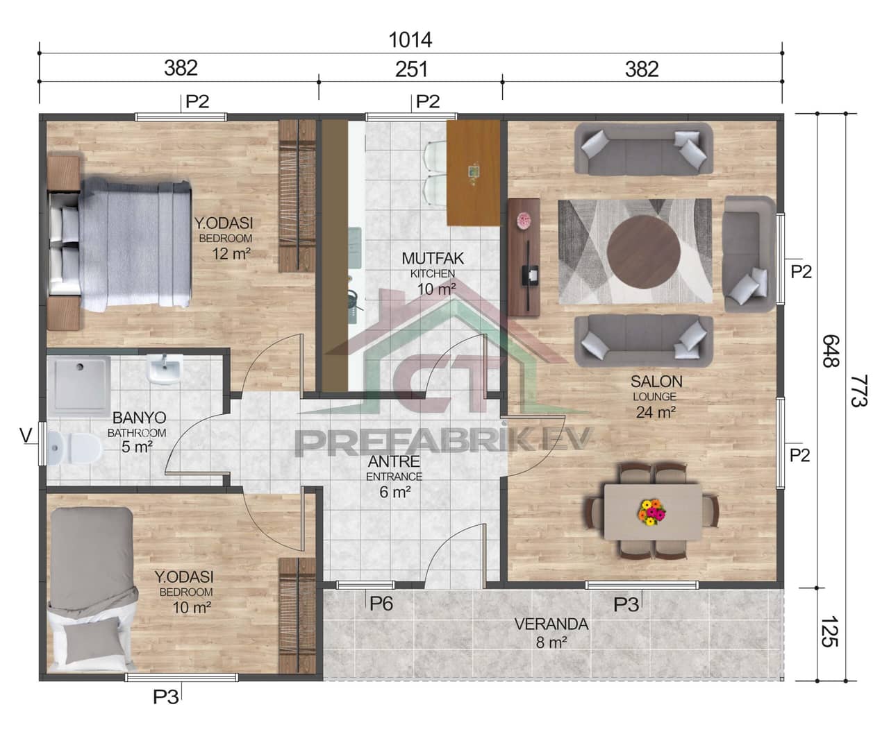 2+1 Tek Katlı Prefabrik Ev 78 m2 oda planı