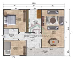 2+1 Tek Katlı Prefabrik Ev 78 m2 oda planı