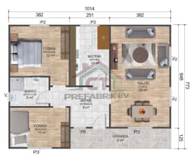 2+1 Tek Katlı Prefabrik Ev 78 m2 oda planı