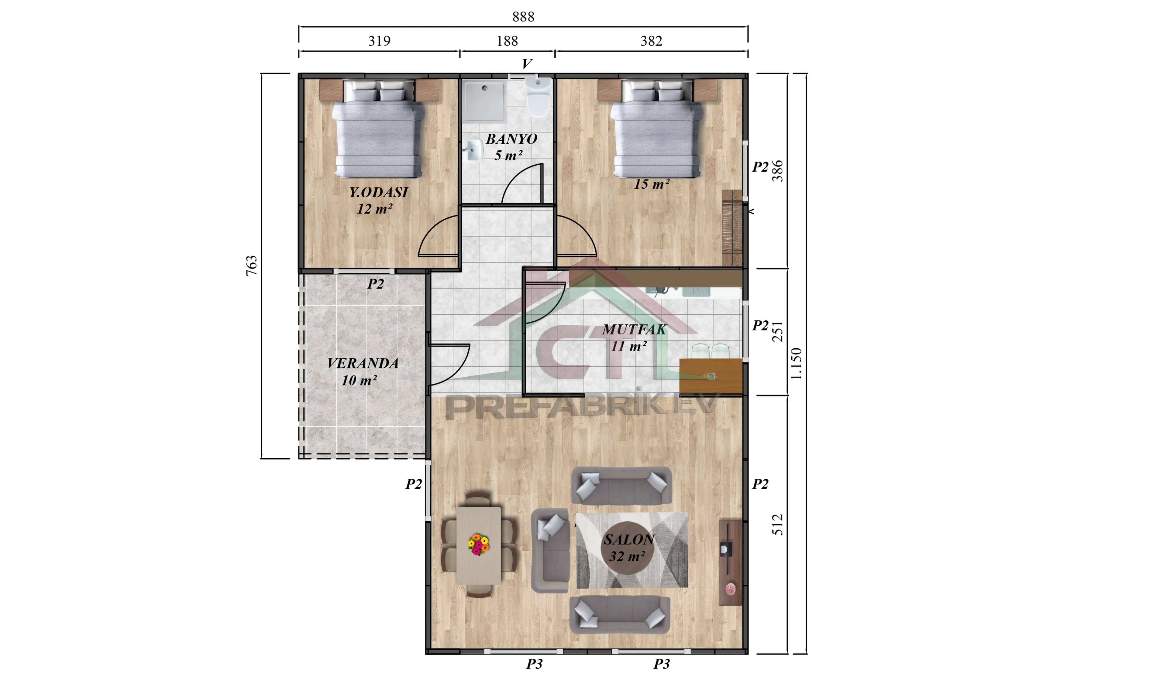 2+1 Tek Katlı Prefabrik Ev 93 m2 yerleşim planı