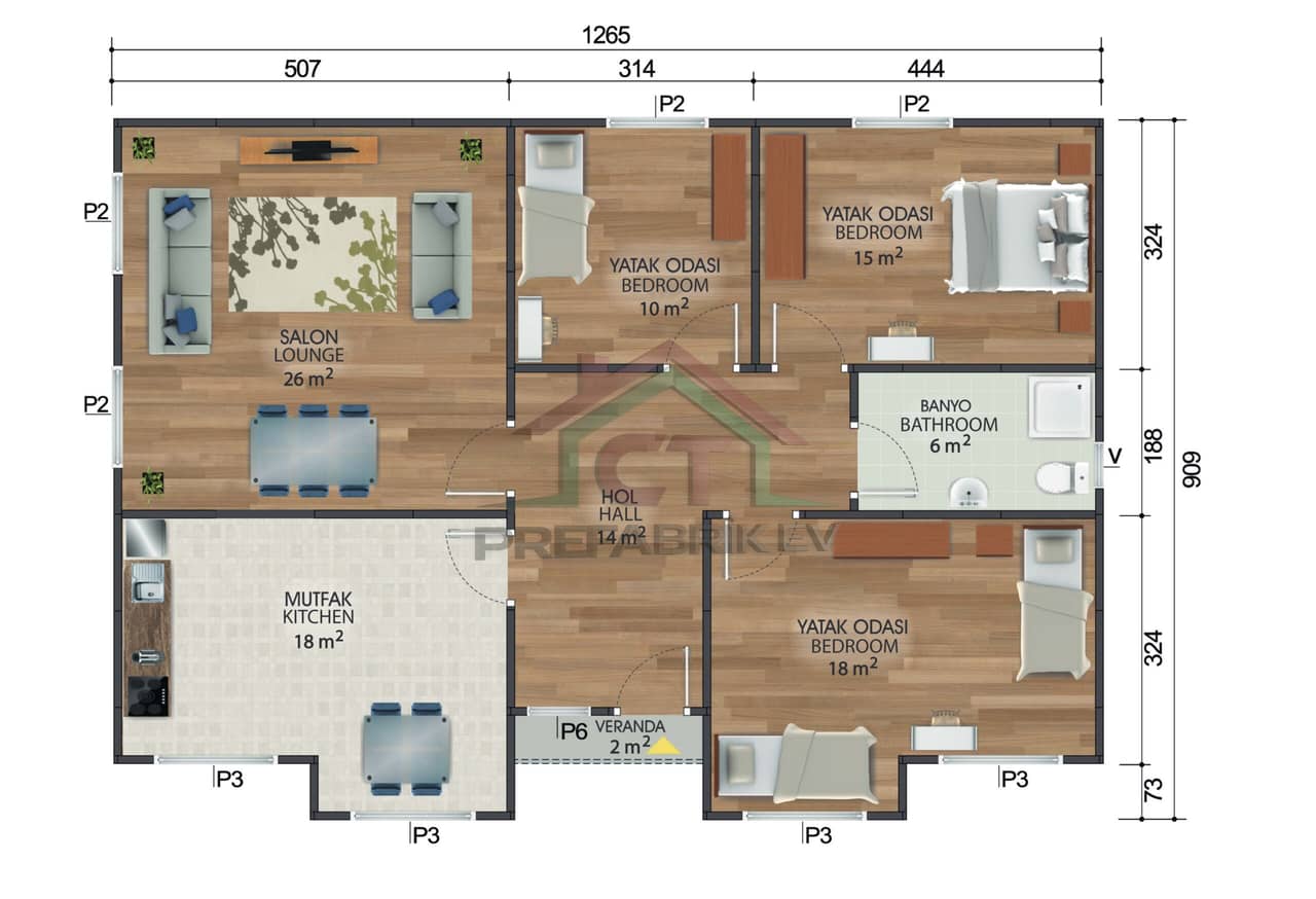 3+1 Tek Katlı Prefabrik Ev 112 m2 oda dağılımı