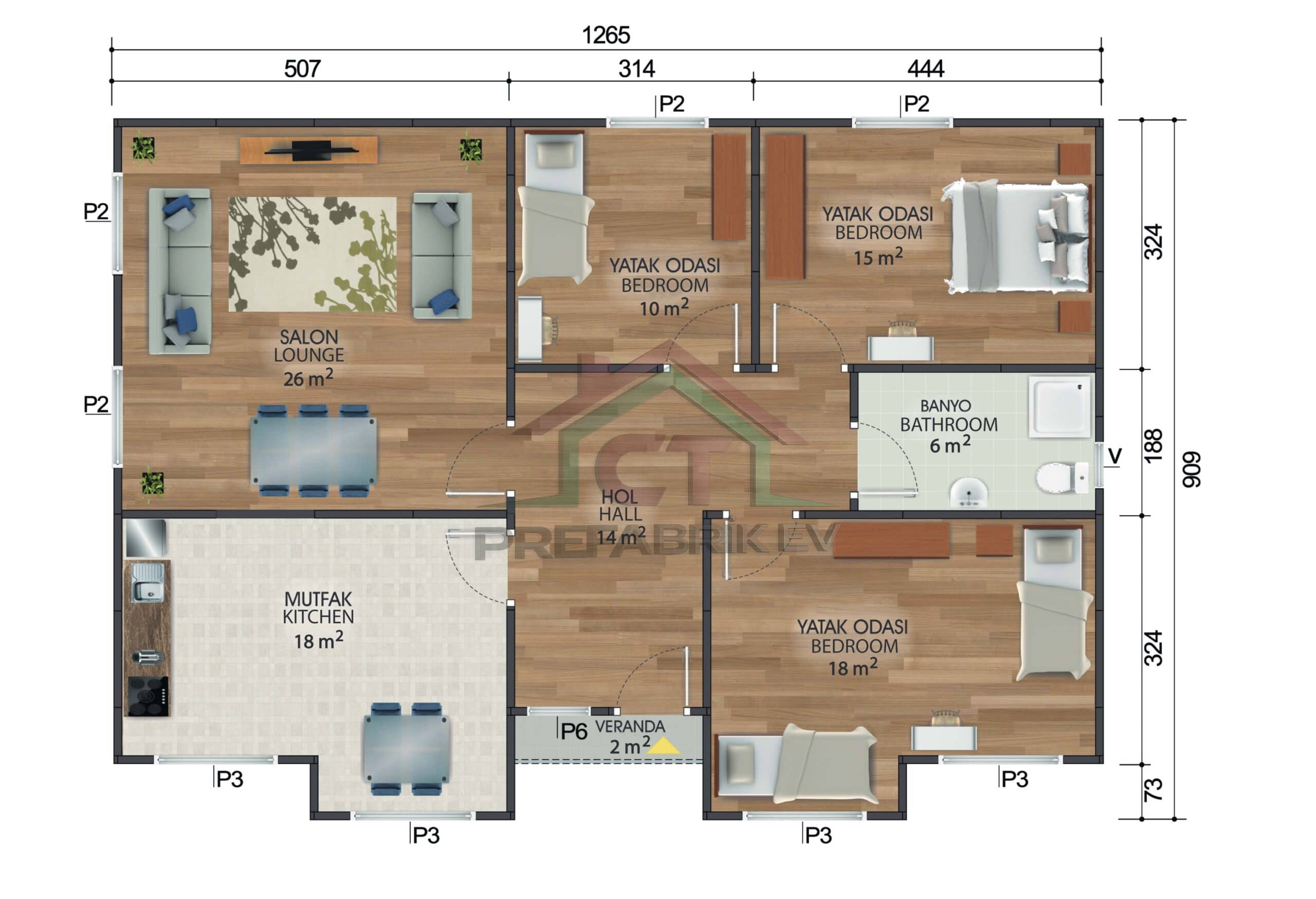 3+1 Tek Katlı Prefabrik Ev 112 m2 oda dağılımı
