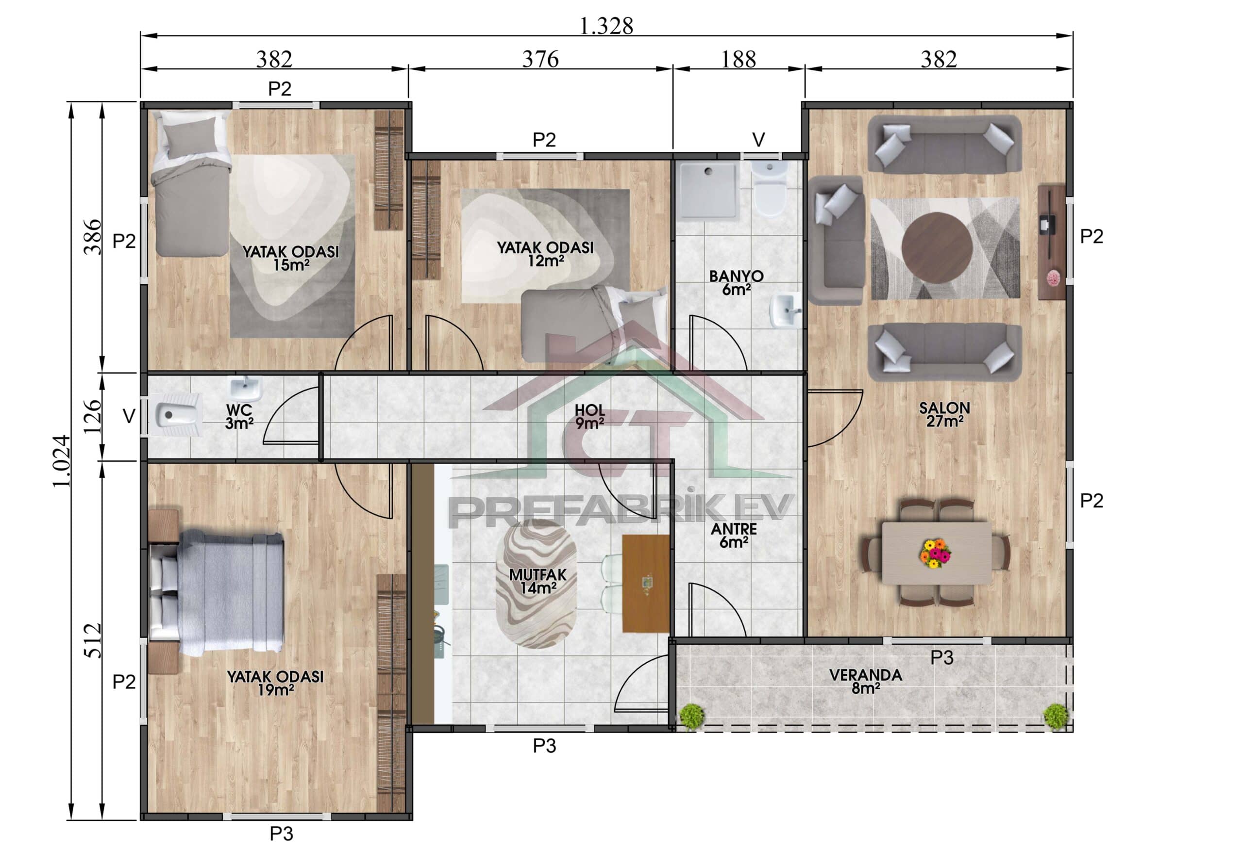 3+1 Tek Katlı Prefabrik Ev 121 m2 plan detayı