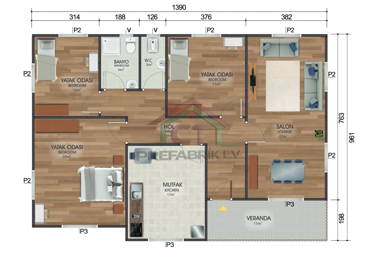 3+1 Tek Katlı Prefabrik Ev 122 m2 banyolu plan