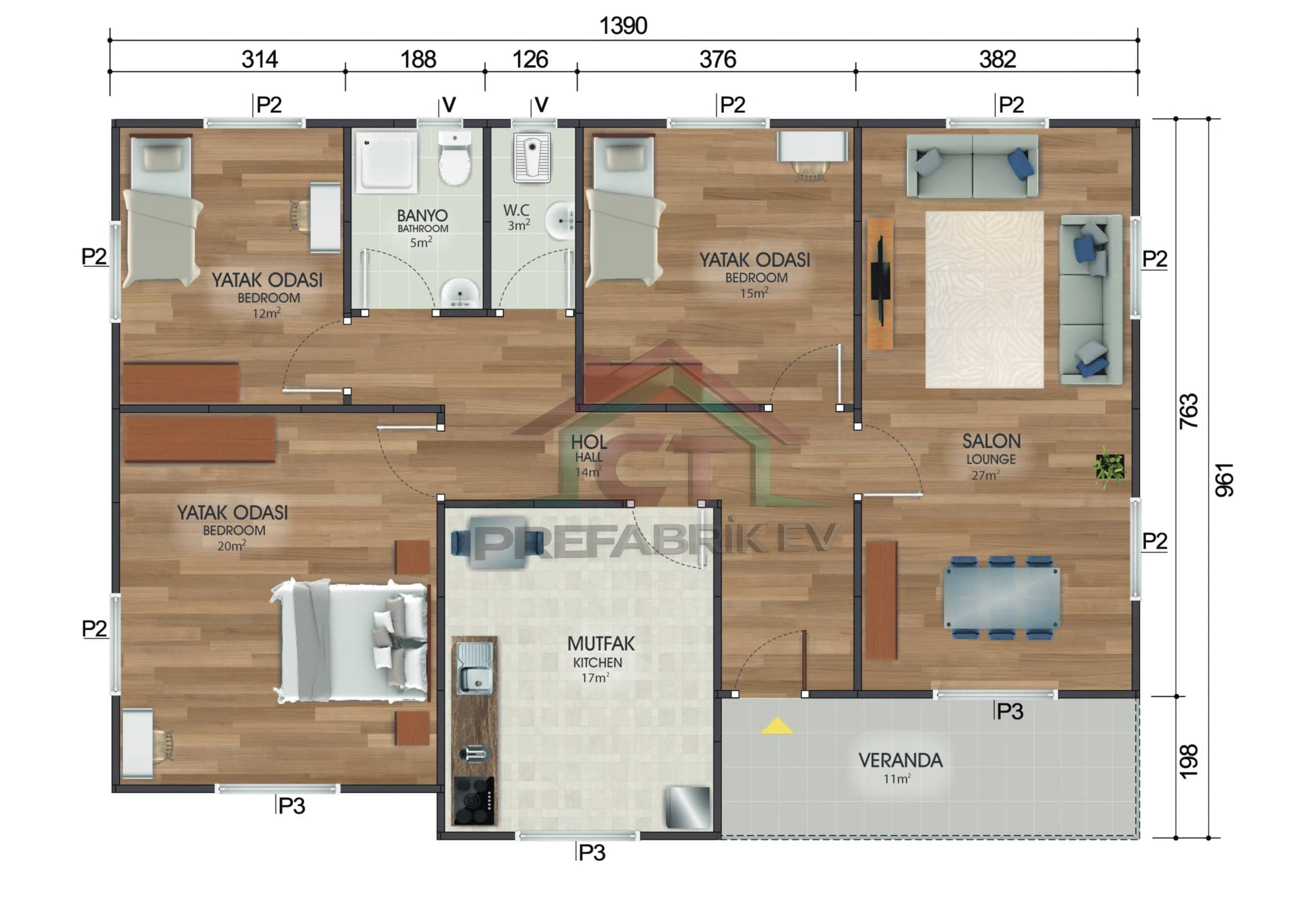 3+1 Tek Katlı Prefabrik Ev 122 m2 banyolu plan
