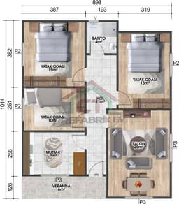 3+1 Tek Katlı Prefabrik Ev 86 m2 şema