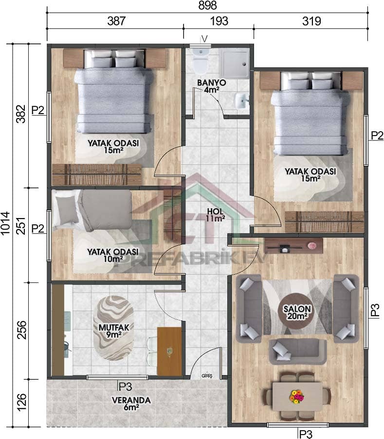 3+1 Tek Katlı Prefabrik Ev 86 m2 şema