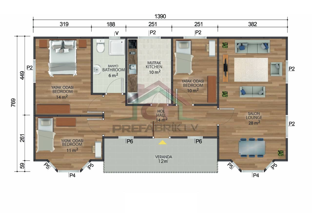 3+1 Tek Katlı Prefabrik Ev 98 m2 teknik plan