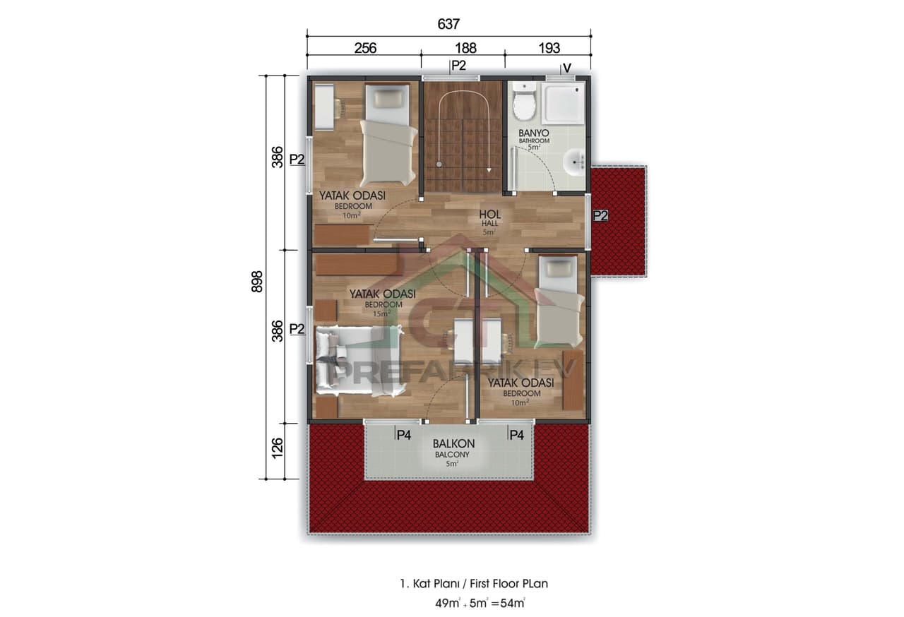 3+1 Çift Katlı Prefabrik Ev 122 m2 plan 1