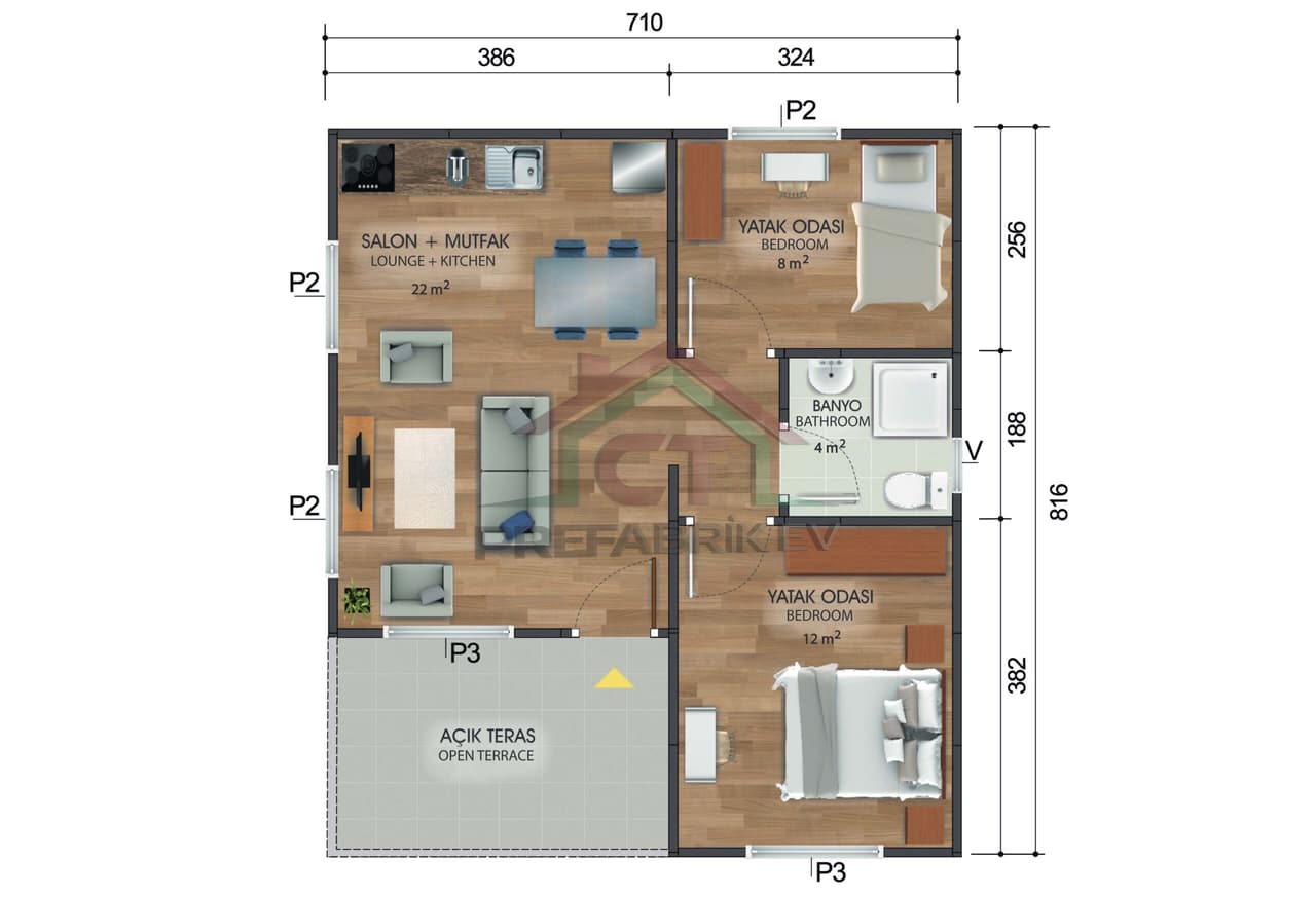 1+1 Tek Katlı Prefabrik Ev 49 m2 planı