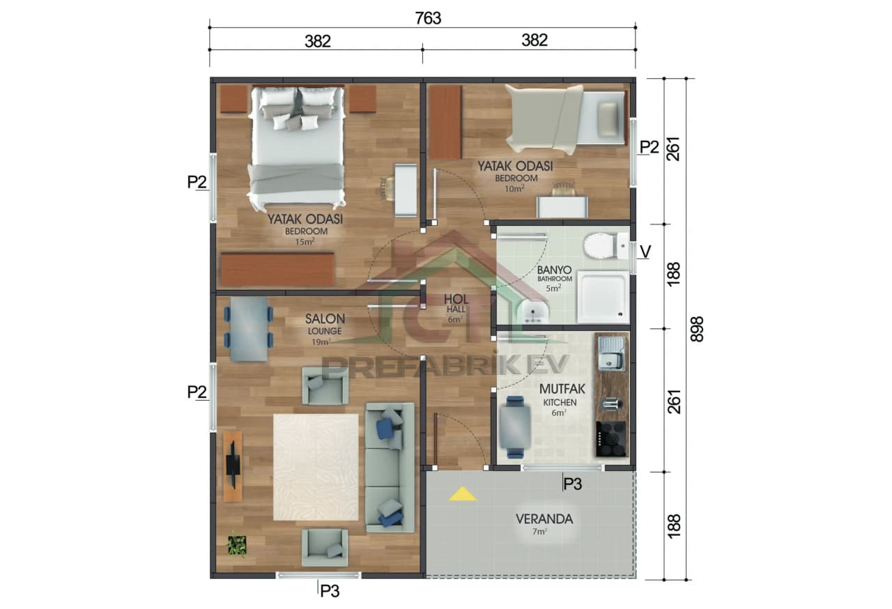 2+1 Tek Katlı Prefabrik Ev 68 m2 kat şeması