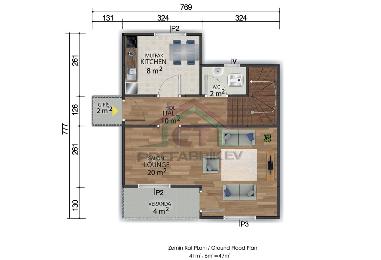 2+1 Çift Katlı Prefabrik Ev 92 m2 üst kat planı