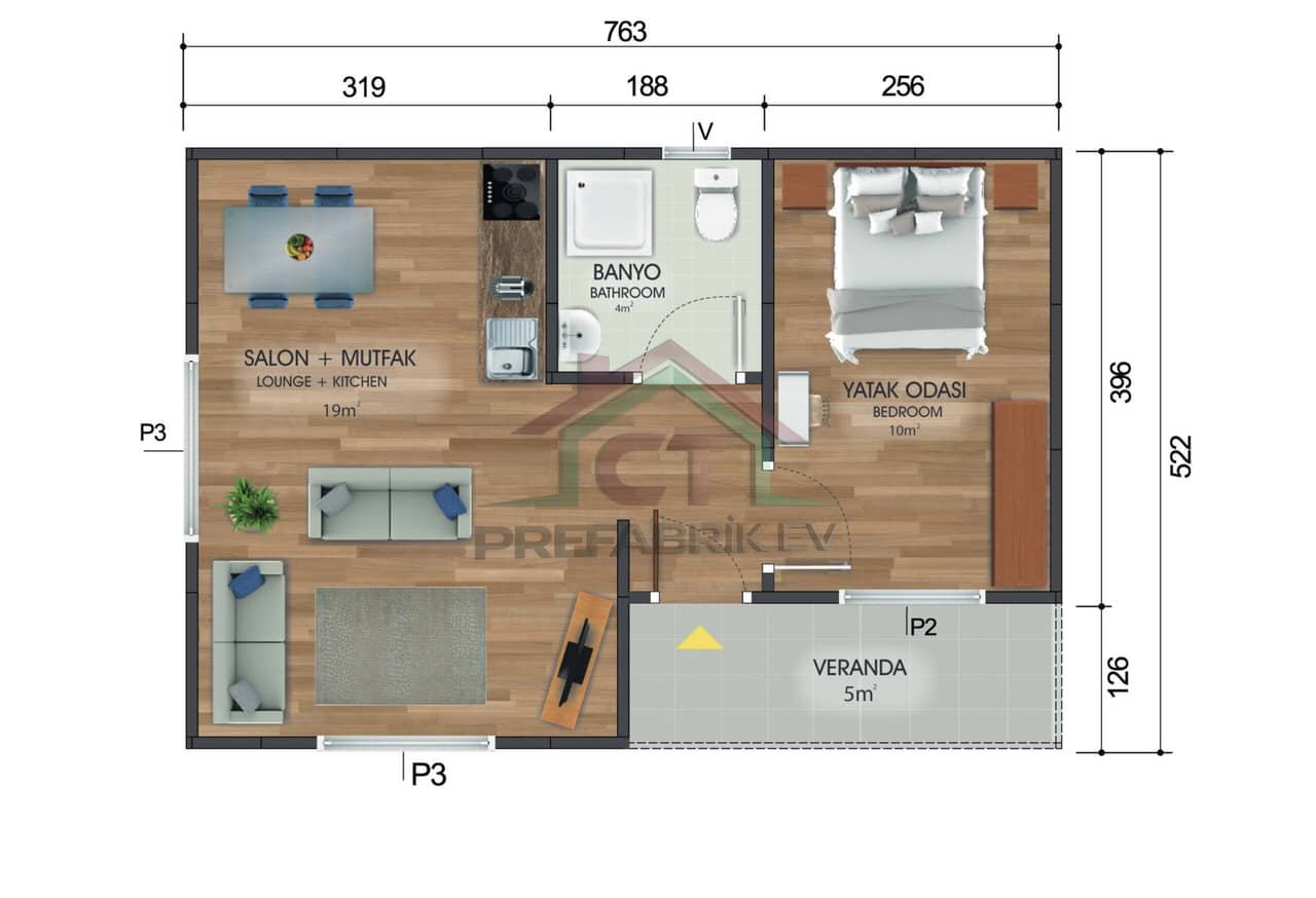 1+1 Tek Katlı Prefabrik Ev 40 m2 plan