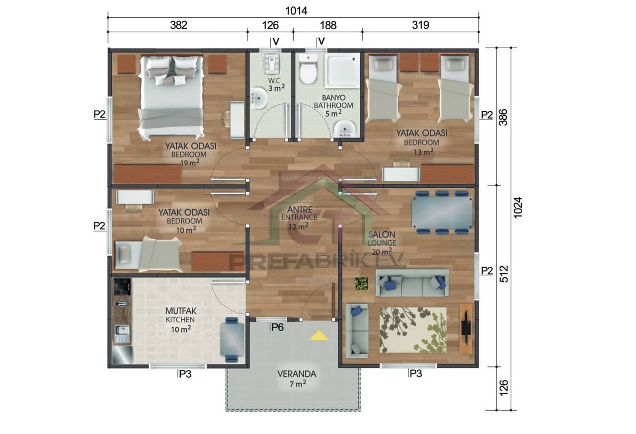 3+1 Tek Katlı Prefabrik Ev 95 m2 banyolu plan