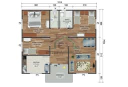 3+1 Tek Katlı Prefabrik Ev 95 m2 banyolu plan
