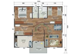 3+1 Tek Katlı Prefabrik Ev 95 m2 banyolu plan